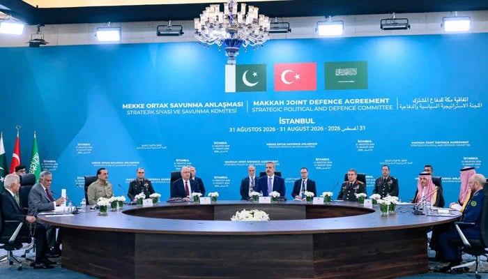 Turkiyes Foreign Minister Hakan Fidan (centre), Deputy Prime Minister and Foreign Minister Ishaq Dar (2nd left) and Saudi Arabias Defence Minister Khalid Bin Salman (3rd right) attend the inaugural meeting of the Strategic Political and Defence Committee established under the Makkah Joint Defence Agreement, in Istanbul on August 31, 2026. — AFP