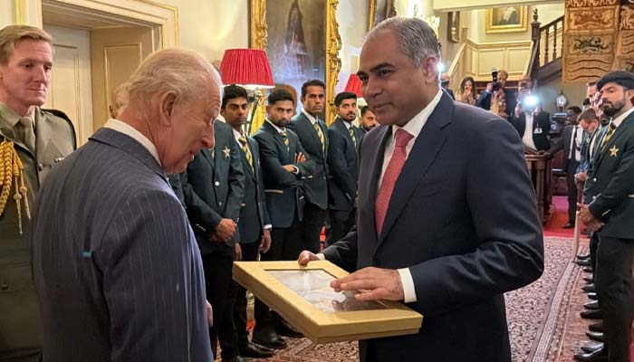 Interior Minister Mohsin Naqvi (right) meets King Charles. — X/@TheRealPCB