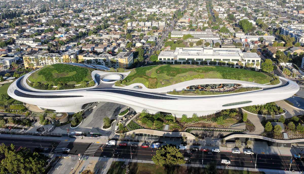 An aerial view of the new Lucas Museum of Narrative Art before a media preview of the 300,000 square foot structure in Exposition Park on September 2, 2026 in Los Angeles, California.— AFP