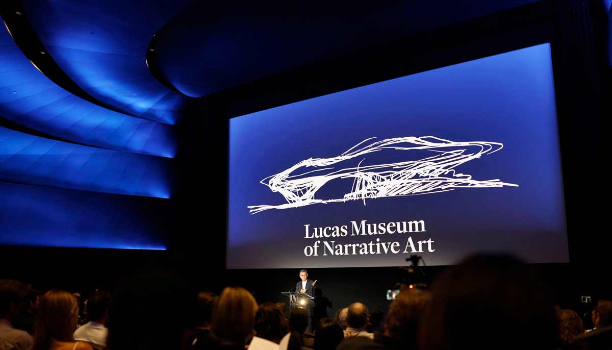 Architect Ma Yansong speaks about the new Lucas Museum of Narrative Art during a media preview of the 300,000 square foot structure on September 2, 2026 in Los Angeles, California. — AFP