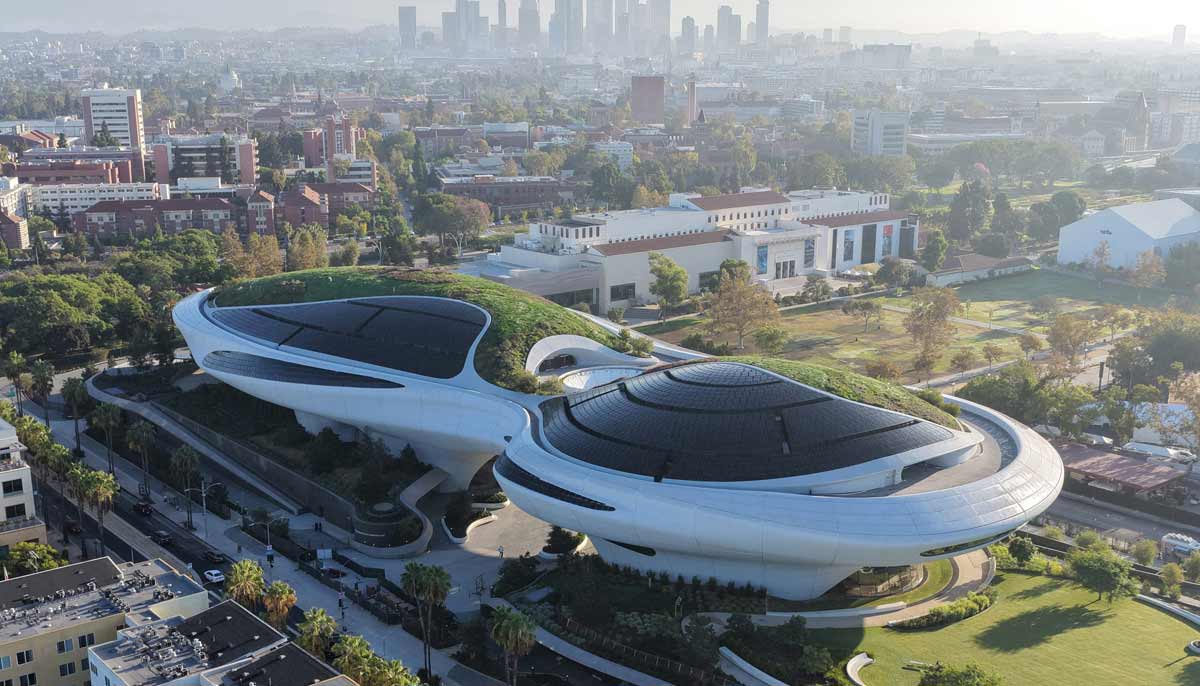 An aerial view of the new Lucas Museum of Narrative Art before a media preview of the 300,000 square foot structure in Exposition Park on September 2, 2026 in Los Angeles, California.— AFP
