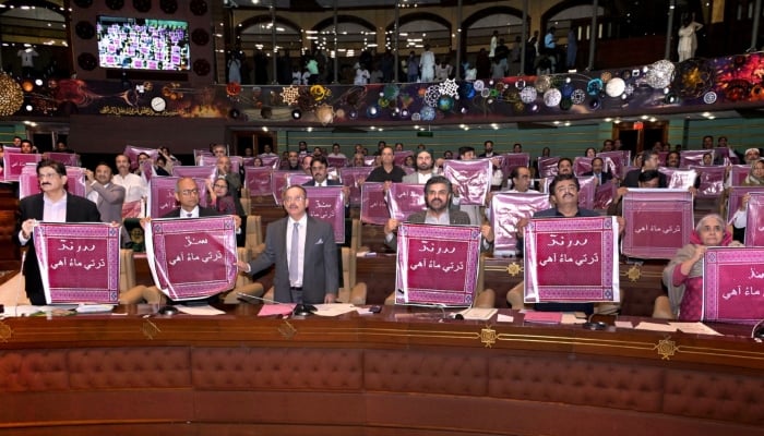 PPP lawmakers hold banners showing the Sindh is my mother slogan during the Sindh Assembly session in Karachi on September 3, 2026. — CM House