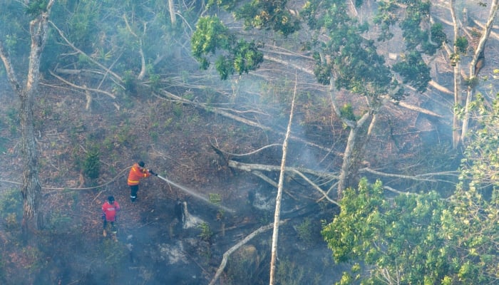 A drone view shows firefighters spraying water in an attempt to extinguish a wildfire in Soeharto Hill Forest Park, North Penajam Paser in East Kalimantan province, Indonesia, September 3, 2026. — Reuters