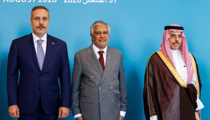 Deputy Prime Minister and Foreign Minister Mohammad Ishaq Dar (centre), Turkiyes Foreign Minister Hakan Fidan (left), and Saudi Foreign Minister Prince Faisal bin Farhan Al Saud pose for a picture before the first committee meeting under the joint defence accord, the Makkah Defence Alliance, in Istanbul, Turkiye, August 31, 2026. — Reuters