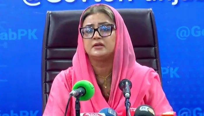 Punjab Information Minister Azma Bokhari addresses the press conference in Lahore. — Screengrab via Geo News