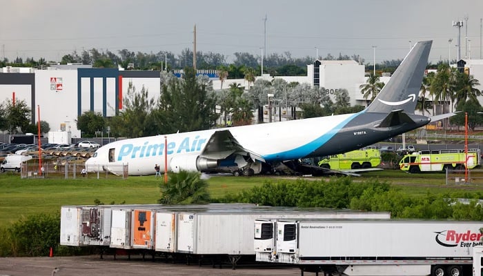 A view of an Amazon Prime Air cargo plane that airport officials said overran a runway at Miami International Airport, in Miami, Florida, U.S., September 6, 2026. — Reuters