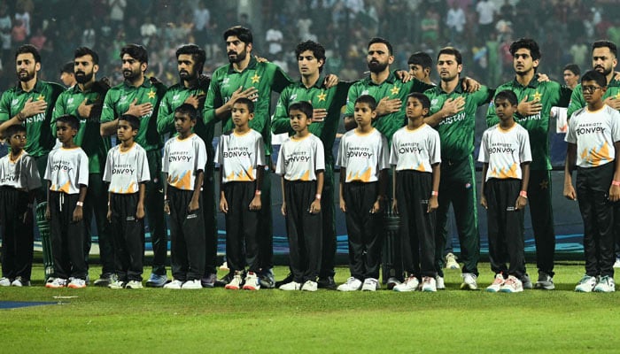 Pakistan players stand for the national anthem ahead of their ICC Mens T20 World Cup Super Eights match against Sri Lanka at the Pallekele International Cricket Stadium in Kandy on February 28, 2026. — AFP