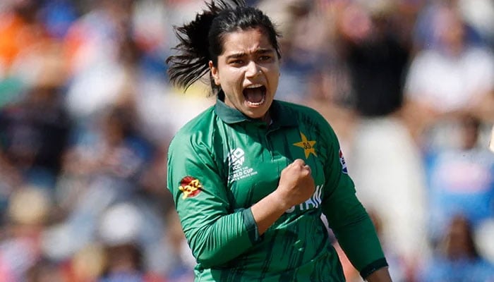 Pakistan captain Fatima Sana celebrates after dismissing Indias Harmanpreet Kaur during the ICC Womens T20 World Cup 2026 match at Edgbaston, Birmingham, Britain, June 14, 2026. — Reuters