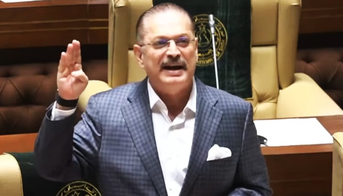 Sindh Information Minister Sharjeel Memon speaks during a Sindh Assembly session in Karachi, on September 7, 2026. — Geo News