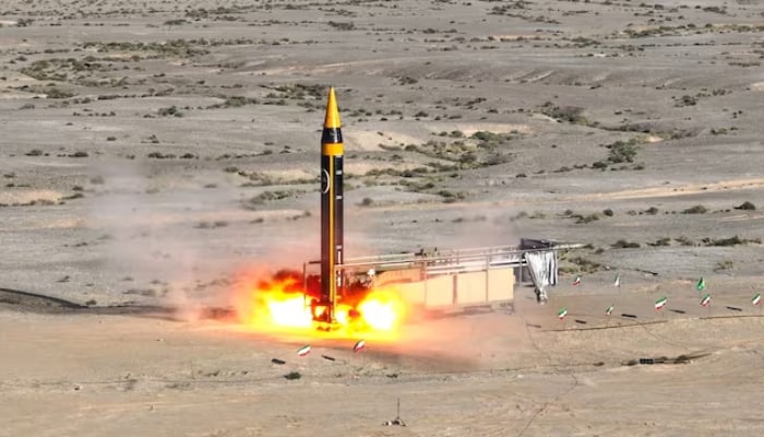 A new surface-to-surface 4th generation Khorramshahr ballistic missile called Khaibar with a range of 2,000 km is launched at an undisclosed location in Iran, in this picture obtained on May 25, 2023. — Reuters