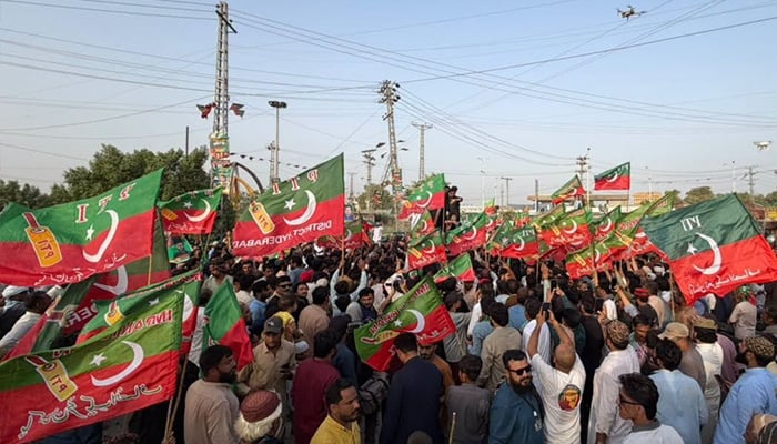PTI workers gather as Khyber Pakhtunkhwa Chief Minister Sohail Afridi arrives in Hyderabad, Sindh, on September 6, 2026, during a mobilisation campaign ahead of nationwide protests and a long march. — Facebook/@ImMuhammadSohailAfridi
