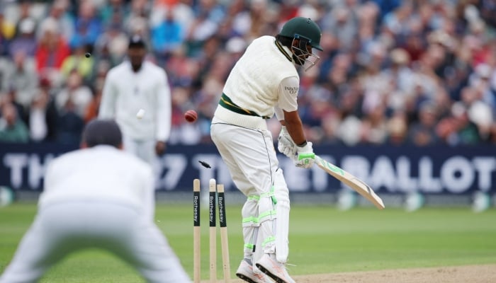 Pakistans Babar Azam gets bowled out by Englands Josh Tongue Action during third test at Edgbaston Cricket Ground, Birmingham, Britain on September 9, 2026. — Reuters