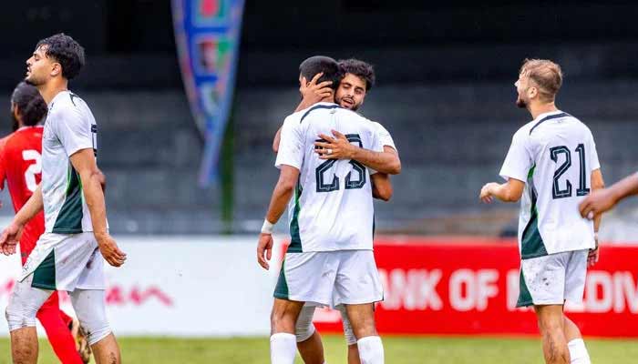 Pakistan players celebrate winning their Diamond Jubilee International Football Tournament match against Maldives at the National Football Stadium in Maldives on June 4, 2026. — Football Association of Maldives