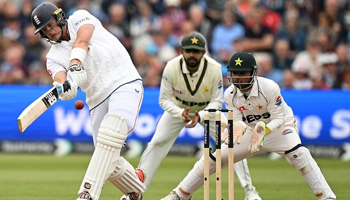 Englands wicketkeeper Jamie Smith plays a shot on day two of the third test match between England and Pakistan at Edgbaston cricket ground in Birmingham, central England, September 10, 2026. — AFP