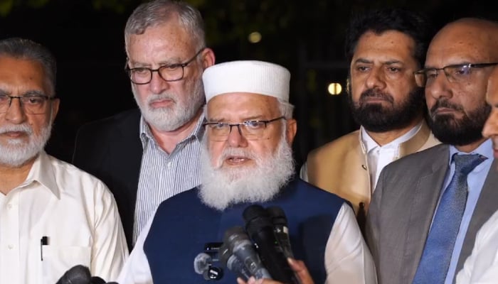 Jamat-e-Islami (JI) senior leader Liaqat Baloch talking to media persons in Islamabad on September 10, 2026. — Facebook@JIPOfficial1