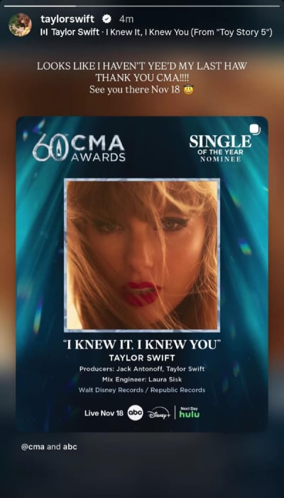 Taylor Swift has hilarious reaction to first CMA nomination in four years
