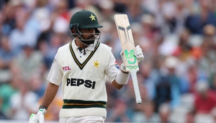 Pakistans Babar Azam celebrates after reaching his half-century in the third Test against England at Edgbaston Cricket Ground, Birmingham, Britain on September 11, 2026. — Reuters