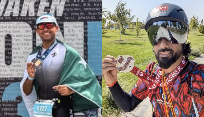 (From left) Pakistani triathletes pose after completion of their respective events Shahzada Asad and Jibran Jawaid. — Reporter