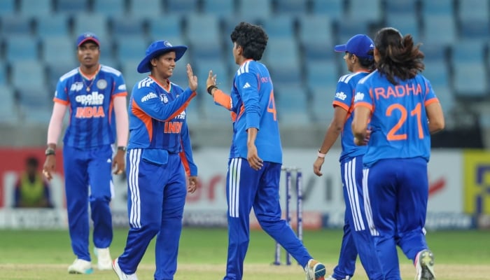 Indian players celebrate after taking a wicket against Sri Lanka in ACC Womens Asia Cup final at Dubai International Stadium on September 13, 2026. — X@BCCIWomen