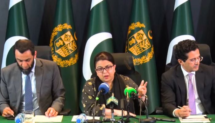 Federal ministers Attaullah Tarar, Shaza Fatima Khawaja and Ali Pervez Malik hold a press conference to brief the media on the Prime Ministers fuel relief scheme