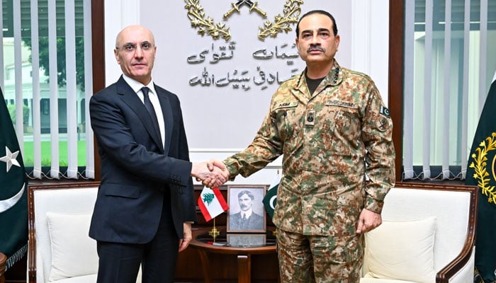 Lebanese Minister of Interior and Municipalities Ahmad Al Hajjar (left) shakes hand with Chief of Defence Forces and Chief of Army Staff Field Marshal Asim Munir at the GHQ, Rawalpindi on September 14, 2026. — ISPR