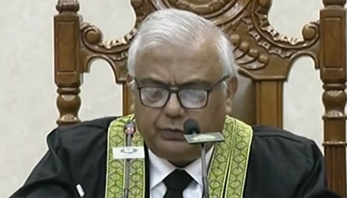 Federal Constitutional Court Chief Justice Aminuddin Khan addresses event marking the beginning of the new judicial year in Islamabad on September 15, 2026. — Screengrab via Geo News