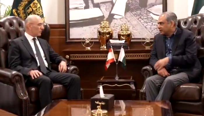 Interior Minister Mohsin Naqvi (right) meets his Lebanese counterpart Ahmad Al-Hajjar in Islamabad on September 15, 2026. X/@MOIofficialGoP