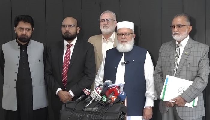 Jamaat-e-Islami Deputy Emir Liaquat Baloch (second from right) addresses a press conference in Islamabad on September 15, 2026. — Facebook/JIPOfficial1