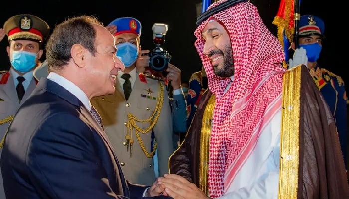 Egyptian President Abdel Fattah el-Sisi receives Saudi Crown Prince Mohammed bin Salman upon his arrival in Cairo on September 15, 2026.— Reuters