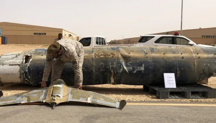 A projectile and a drone launched at Saudi Arabia by Yemens Houthis are displayed at a Saudi military base, Al-Kharj, Saudi Arabia. — Reuters/File