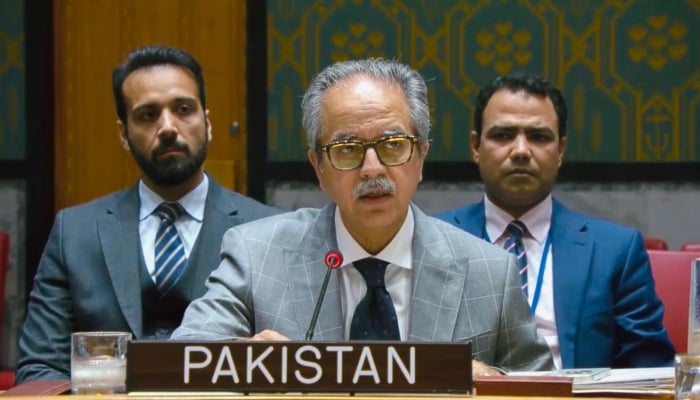 Pakistans Permanent Representative to the UN, Ambassador Asim Iftikhar Ahmad speaks during a UNSC meeting, September 15, 2026. — X/@PakistanUN_NY