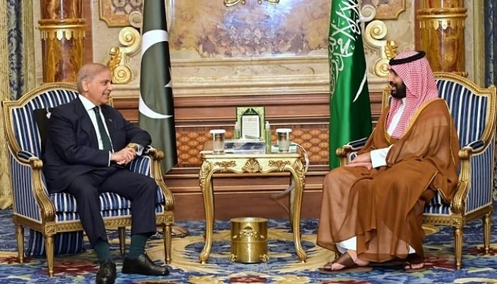Prime Minister Shehbaz Sharif (left) exchanges views with Saudi Crown Prince Mohammed bin Salman during a key meeting in Jeddah on April 15, 2026. —X@PakPMO