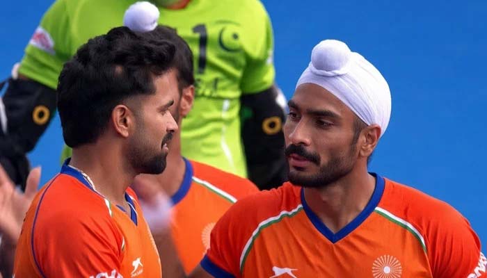Indias Abhishek (left) celebrates scoring their fourth goal during the FIH Hockey World Cup match against Pakistan at the Wagener Stadium in Amstelveen on August 19, 2026. — Screengrab via Livestream
