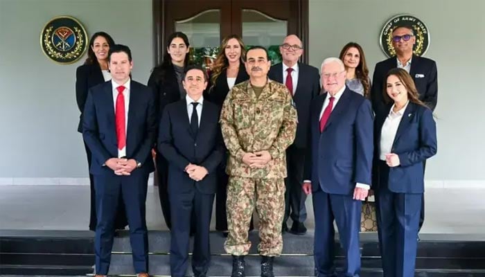 A delegation from Powerus, a US-based company that offers aerial and maritime drones for military and industrial use, led by Robert Bret Velicovich, calls on Chief of Defence Forces (CDF) Field Marshal Asim Munir, at the General Headquarters, Rawalpindi, on September 16, 2026. — ISPR