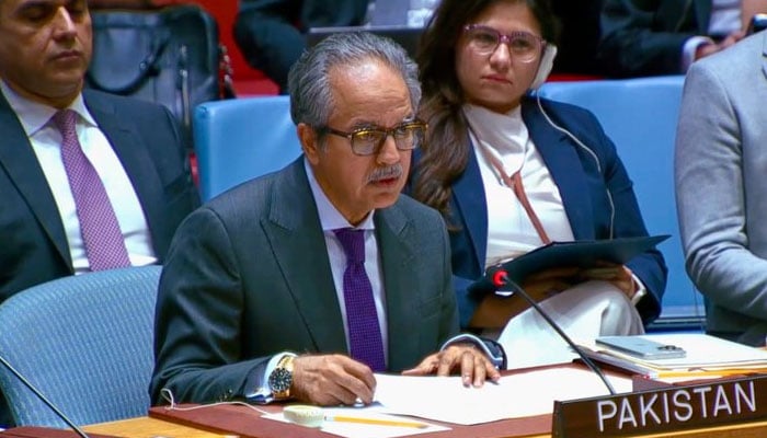 Pakistans Permanent Representative to the United Nations Asim Iftikhar Ahmad addresses the Security Council meeting on September 17, 2026. — X/ @PakistanUN_NY