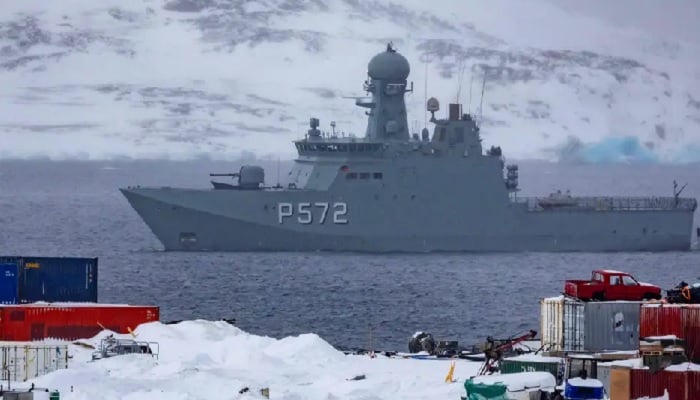 Royal Danish Navy Knud Rasmussen-class patrol craft HDMS Lauge Koch (P572) coming into Nuuk, Greenland - May 30, 2023.— AFP