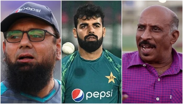 This collage shows Saqlain Mushtaq (left), Shadab Khan (centre) and Tauseef Ahmed. — X/AFP/PCB