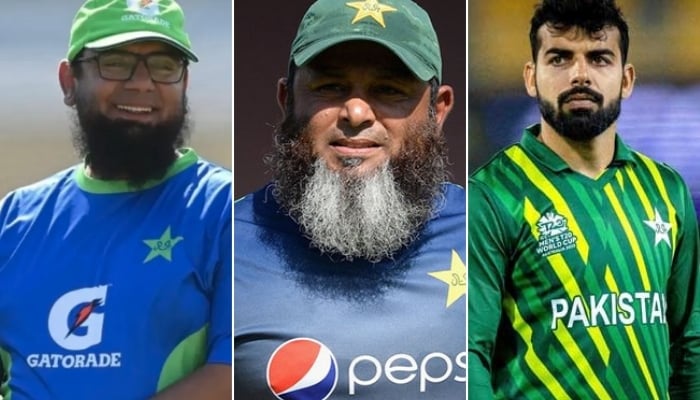 Former Pakistan spinners Saqlain Mushtaq, Tauseef Ahmed and spin all-rounder Shadab Khan. — AFP/PCB
