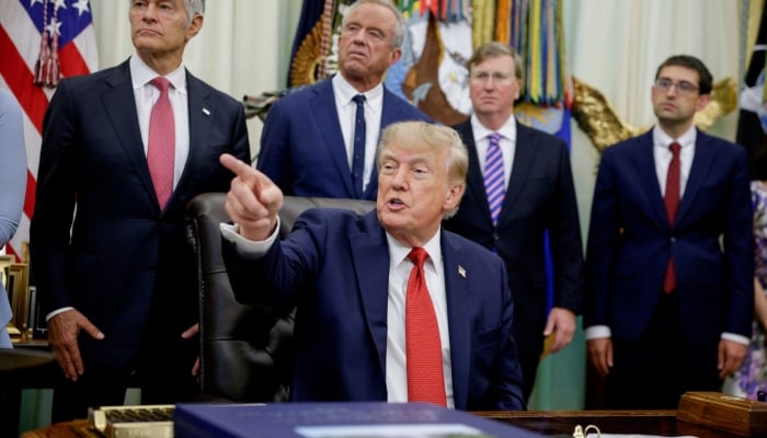 US President Donald Trump points his finger as he makes an announcement on healthcare in the Oval Office at the White House in Washington, DC, US, September 18, 2026. — Reuters