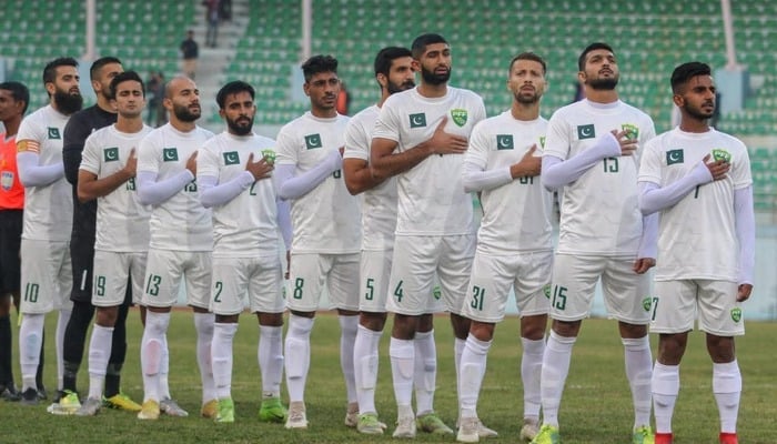 Pakistan players sing their national anthem ahead of their SAFF U20 Championship match against India at the National Football Stadium in Male, Maldives, on March 26, 2026. — SAFF