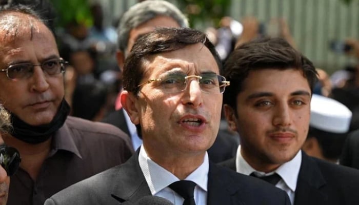 PTI Chairman Barrister Gohar Ali Khan talks to the media as he arrives to attend a hearing at the high court in Islamabad. — AFP/File