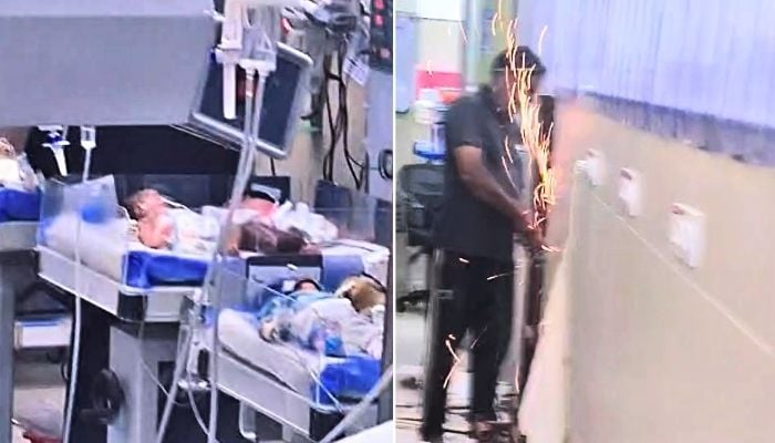This collage shows a man doing welding work at the entrance of NICH nursery in Karachi. — Reporter