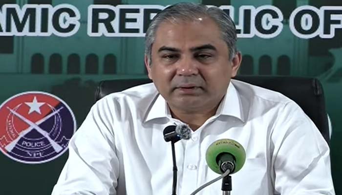 Interior Minister Mohsin Naqvi addresses press conference in Lahore on September 21, 2026. — screengrab via Geo News