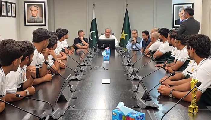 Pakistan Cricket Board (PCB) Chairman Mohsin Naqvi meets Pakistans U19 players at the PCB Headquarters in Lahore on September 21, 2026. — PCB