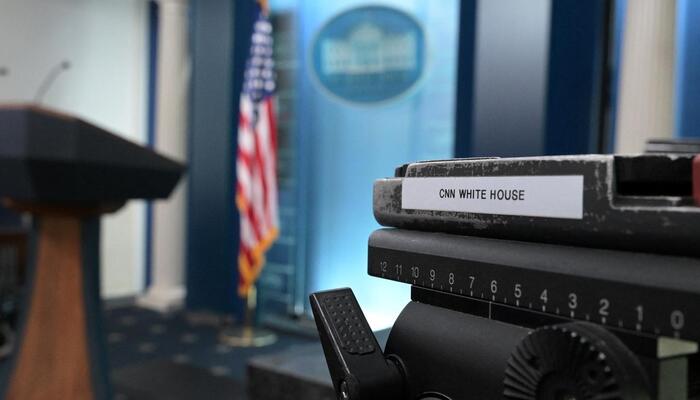 A CNN sticker is seen on equipment in the James Brady press briefing room of the White House on September 19, 2026 in Washington. — AFP