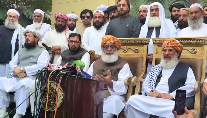 JUI-F chief Maulana Fazlur Rehman address press conference in Islamabad, September 21, 2026. — Screengrab via YouTube/Geo News