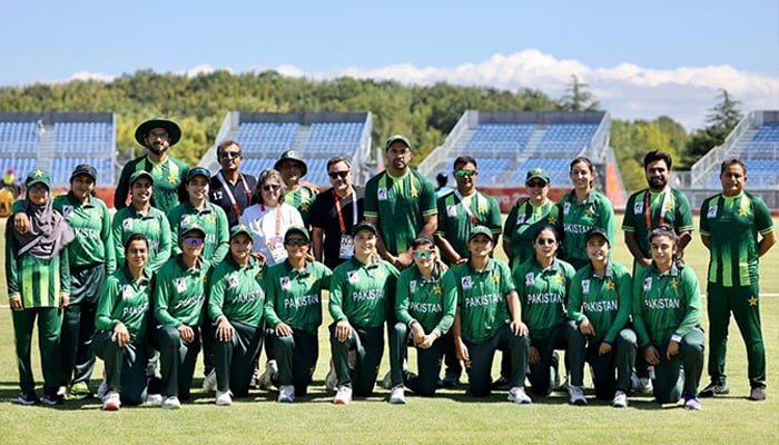 Pakistan womens cricket team and officials pose after winning the bronze-medal match at the 2026 Asian Games, Nagoya, Japan, on September 22, 2026. — PCB