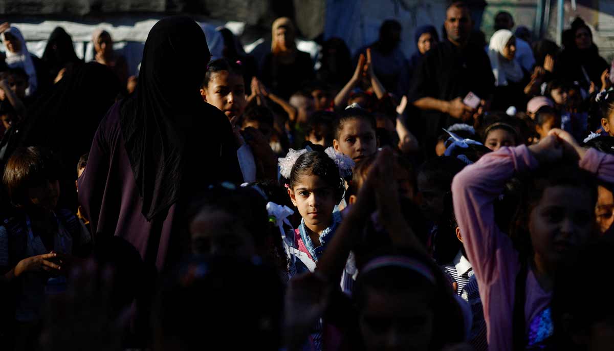 Palestinian students attend their first day of the new school year at an UNRWA school in Nuseirat, in the central Gaza Strip, September 19, 2026.— Reuters