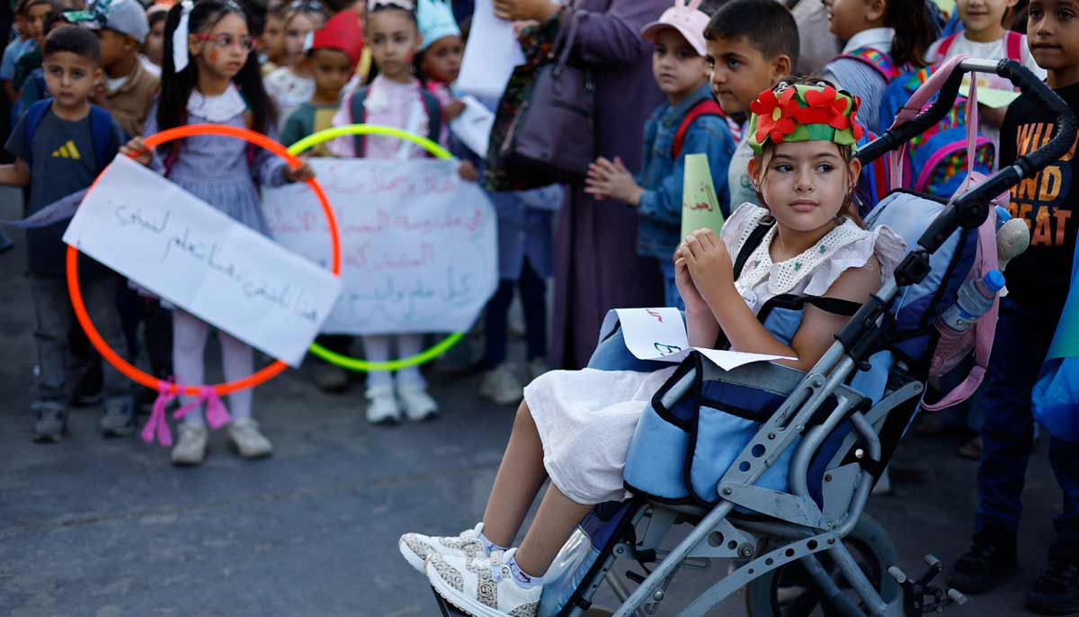 Palestinian students attend their first day of the new school year at an UNRWA school, in Nuseirat, in the central Gaza Strip, September 19, 2026.— Reuters