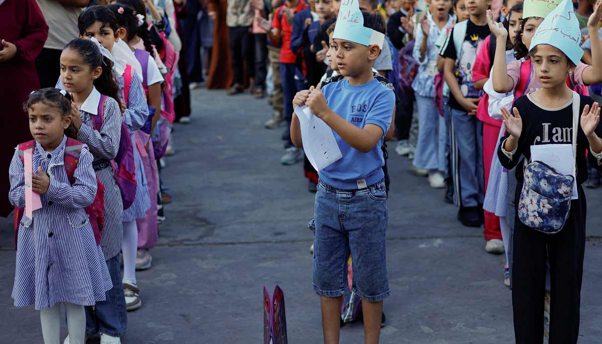Palestinian students attend their first day of the new school year at an UNRWA school in Nuseirat, in the central Gaza Strip, September 19, 2026.— Reuters